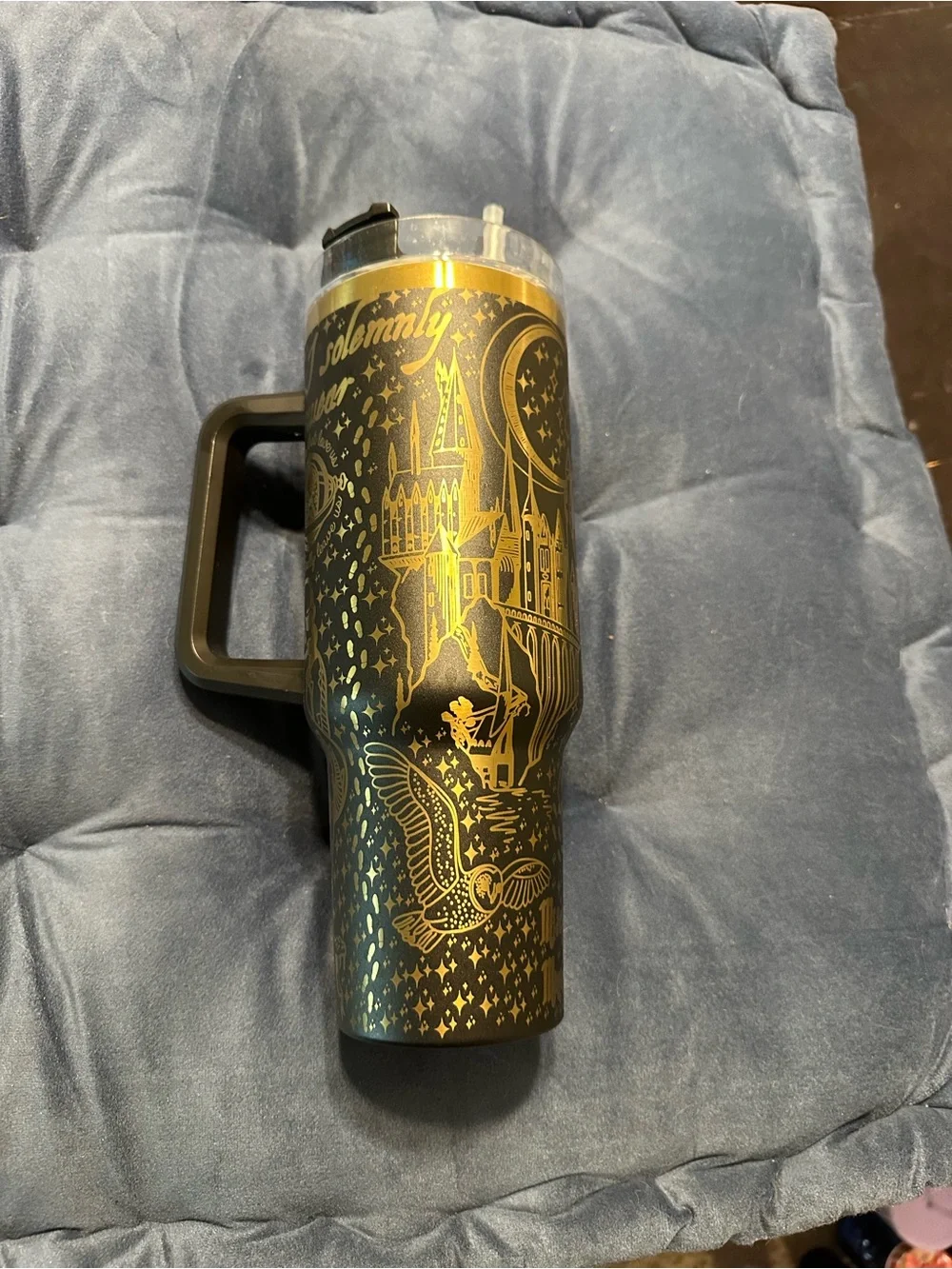 Gold and Black Harry Potter Illustrated Travel Tumbler with Handle - Home Dining